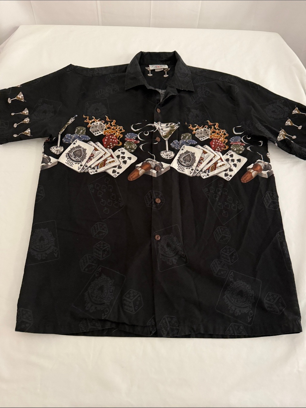 Pacific Legend Mens L Casino Royale Aloha Black 100% Cotton S/S Button-Up Shirt